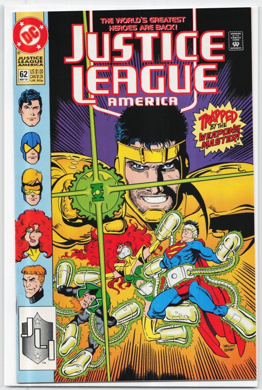 Justice League America #62 (1992), raw, ungraded comic book — front cover