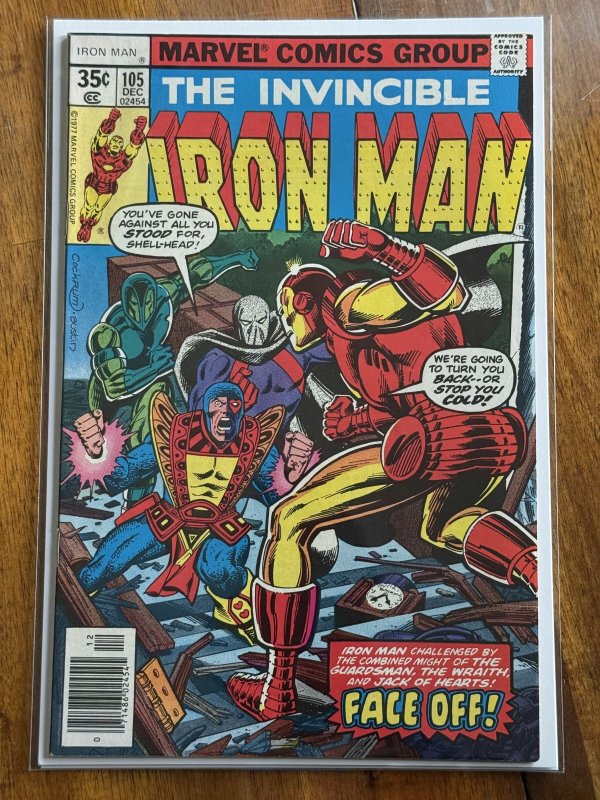 The Invincible Iron Man #105 (Marvel Comics, 1977), raw comic book in VF 8.0 condition — front cover