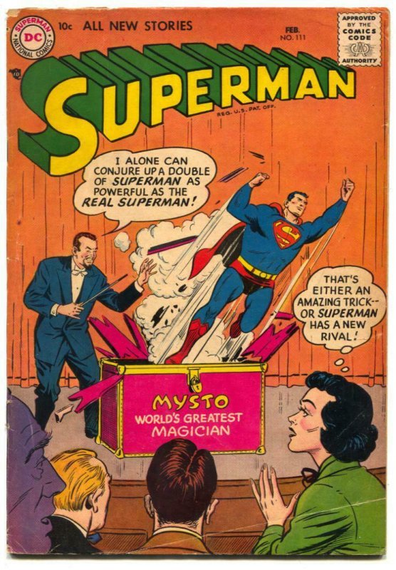 Superman #111 (DC Comics, 1957), raw comic book in VG- condition — front cover