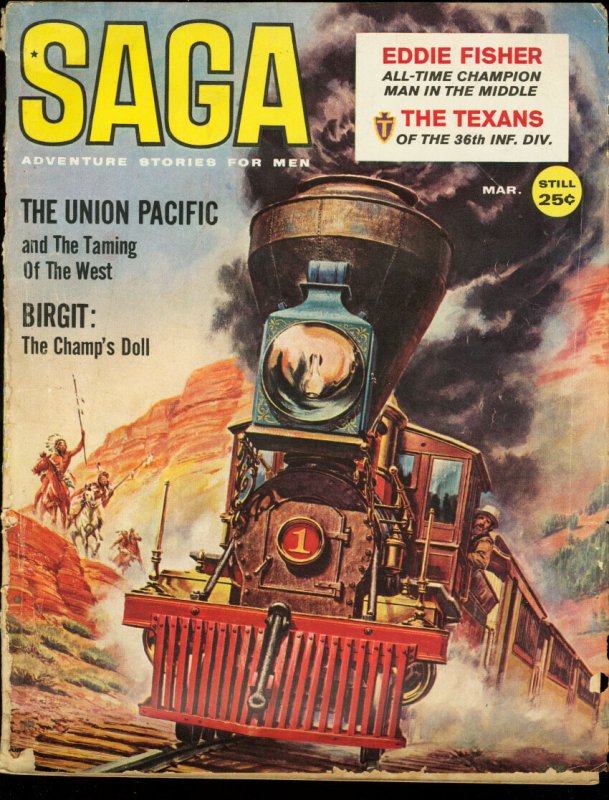Mag: Saga 1960 Mar-Union Pacific/36th Infantry G (1960), raw, ungraded comic book — front cover