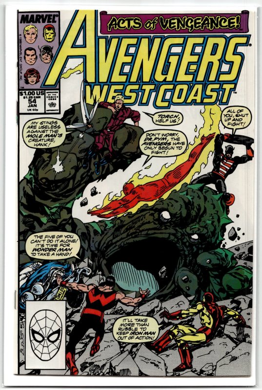 Avengers West Coast #54 (Marvel Comics, 1990), raw, ungraded comic book — front cover