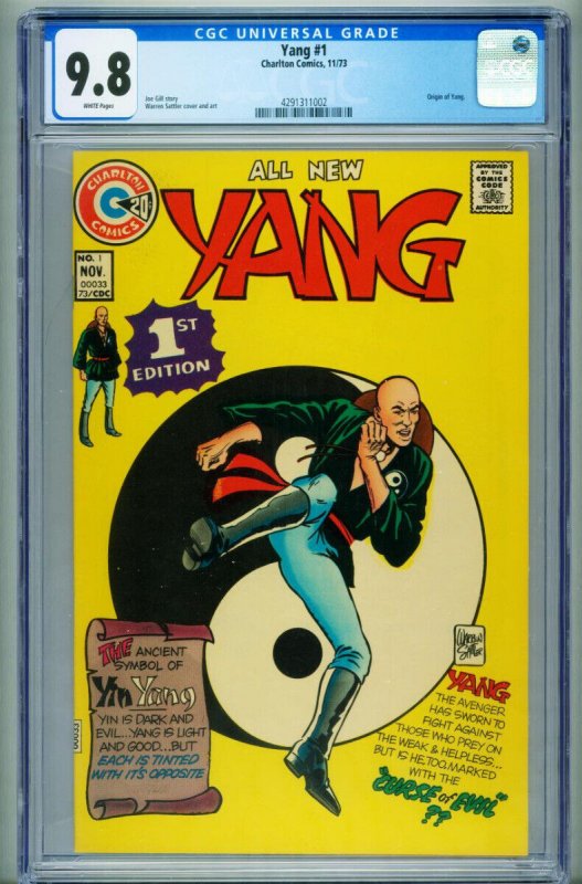Yang #1 (Charlton Comics), CGC 9.8 graded comic book, Universal Blue label — front cover in its holder