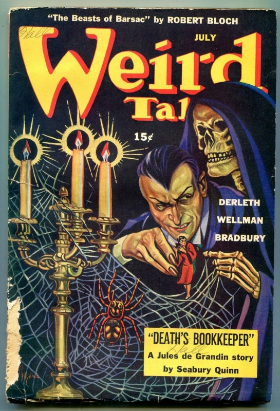 Weird Tales Pulp July 1944- Death's Bookkeeper- Jules de Grandin- Skull Cover (Weird Tales, 1944), raw, ungraded comic book — front cover