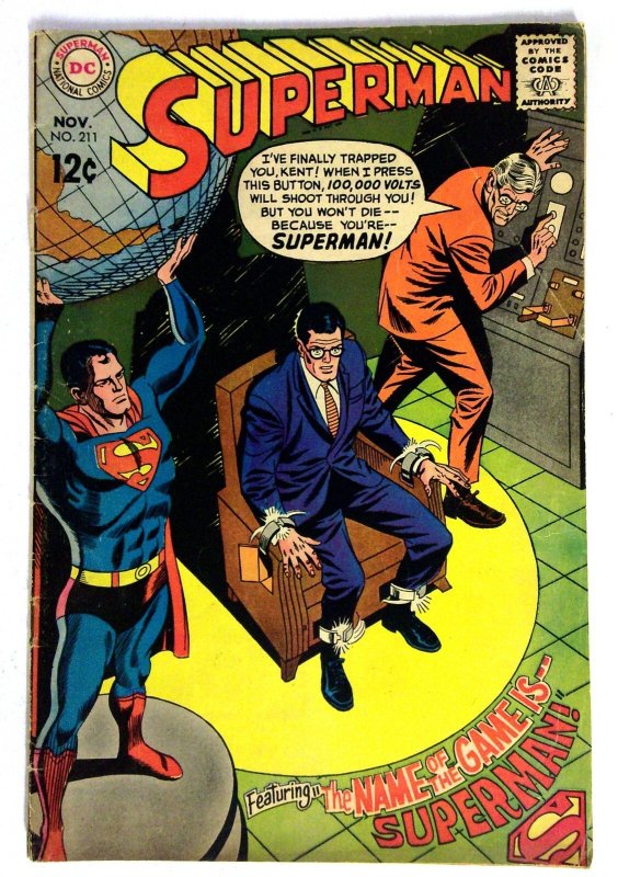 Superman #211 (DC Comics, 1968), raw comic book in VG- condition — front cover