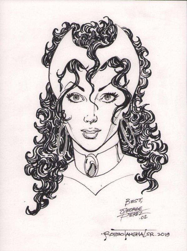 Scarlet Witch Bust Art - Penciled by Perez in 2002 Inked by Tanghal in 2019, raw, ungraded comic book — front cover