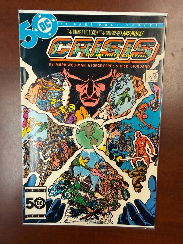 Crisis on Infinite Earths #3 (DC Comics, 1985), raw comic book in NM- condition — front cover