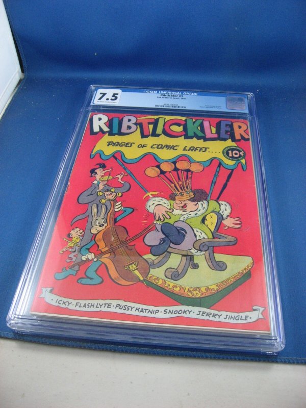 Ribtickler #1 (Fox Feature Syndicate, 1945), CGC 7.5 graded comic book, Universal Blue label — front cover in its holder