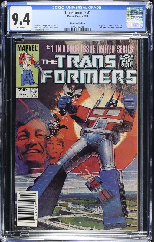 Transformers #1 (Marvel Comics, 1984), CGC 9.4 graded comic book, Universal Blue label — front cover in its holder