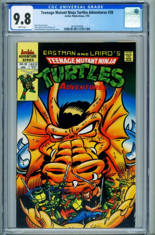 Teenage Mutant Ninja Turtles Adventures #28 (1992), CGC 9.8 graded comic book, Universal Blue label — front cover in its holder