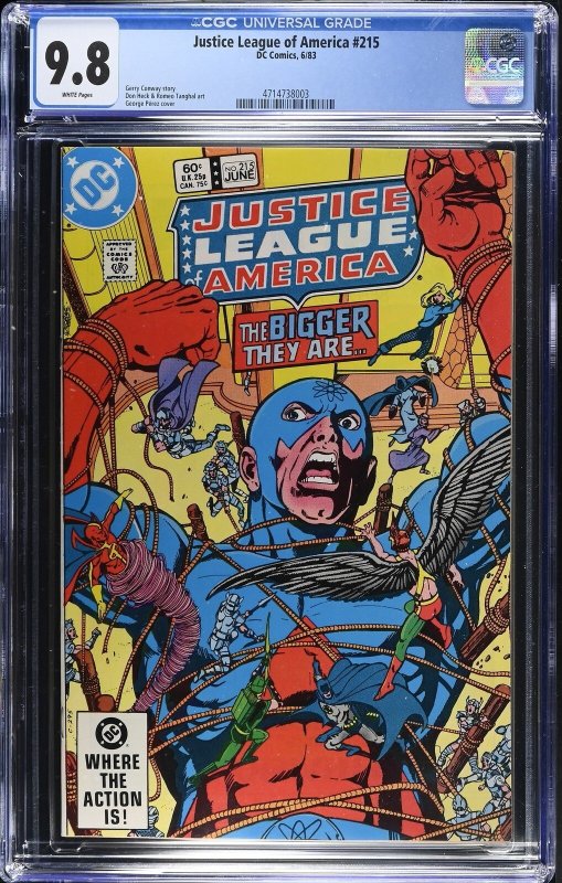 Justice League of America #215 (DC Comics, 1983), CGC 9.8 graded comic book, Universal Blue label — front cover in its holder