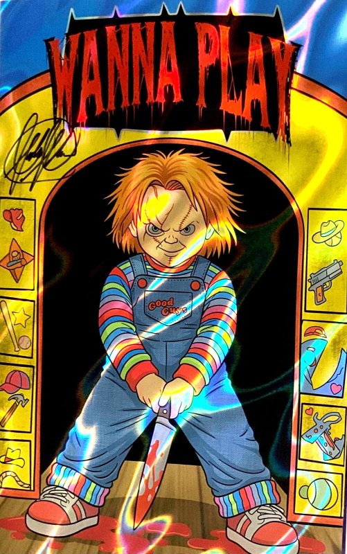Chucky Tribute Batman Wanna Play Fan Expo Dallas Scott “lava Foil’’ Signed W/coa, raw, ungraded comic book — front cover