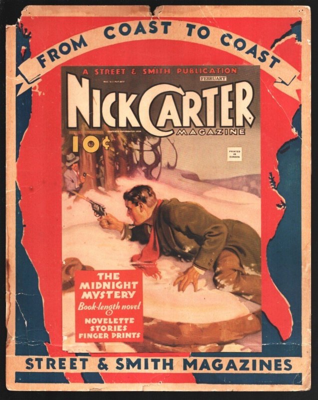 Nick Carter Pulp Original Advertising Poster 1935-"The Midnight Mystery"-Canadia (1935), raw, ungraded comic book — front cover