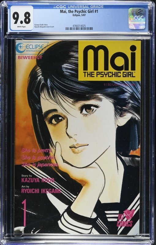 Mai the Psychic Girl #1 (1987), CGC 9.8 graded comic book, Universal Blue label — front cover in its holder