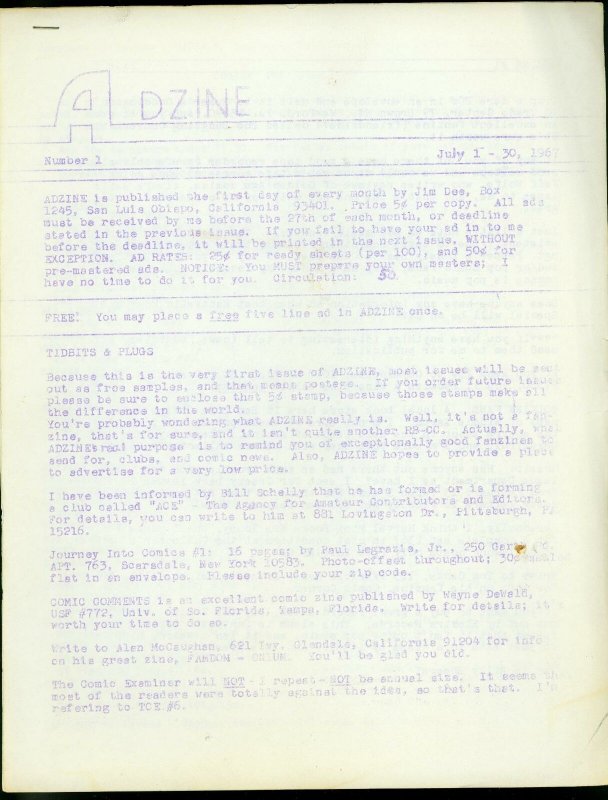 AdZine Fanzine #1 (1967), raw comic book in VG condition — front cover