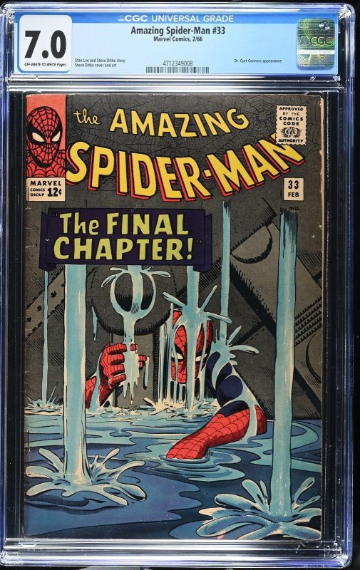 Amazing Spider-Man #33 (Marvel Comics, 1966), CGC 7.0 graded comic book, Universal Blue label — front cover in its holder