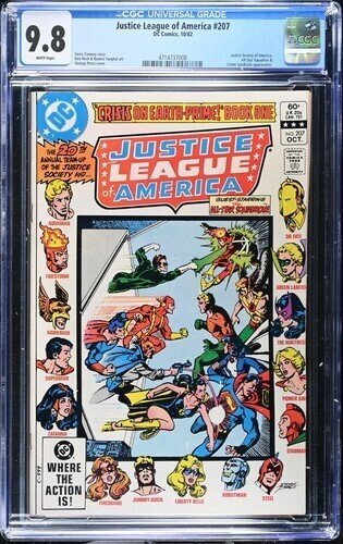 Justice League of America #207 (DC Comics, 1982), CGC 9.8 graded comic book, Universal Blue label — front cover in its holder