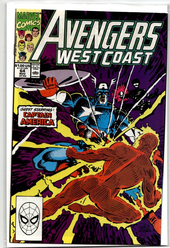 Avengers West Coast #64 (Marvel Comics, 1990), raw, ungraded comic book — front cover
