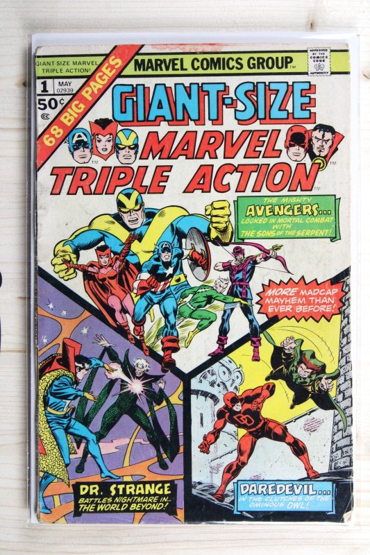 Giant-Size Marvel Triple Action #1 (Marvel Comics, 1975), raw comic book in FN- 5.5 condition — front cover