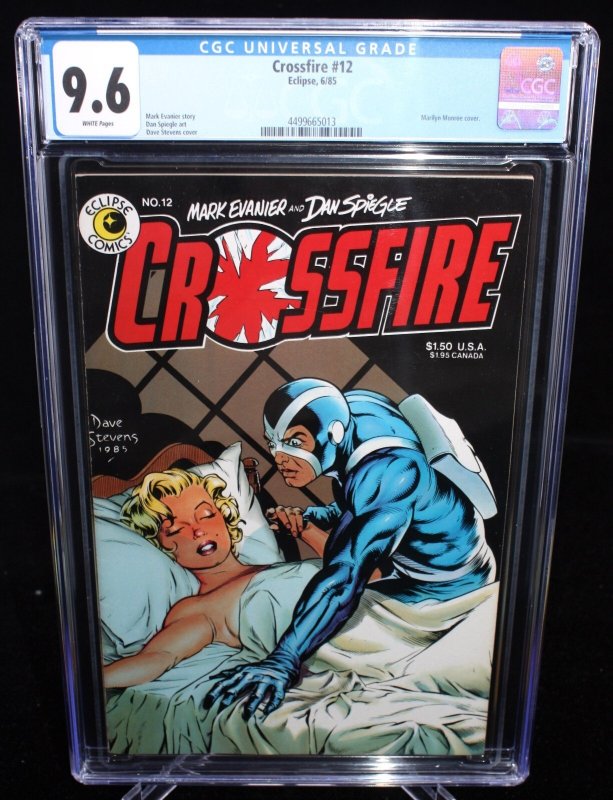 Crossfire #12 (1985), CGC 9.6 graded comic book, Universal Blue label — front cover in its holder