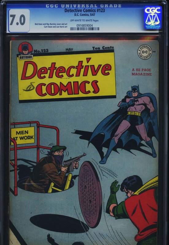 Detective Comics #123 (DC Comics), CGC 7.0 graded comic book, Universal Blue label — front cover in its holder