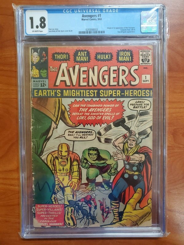 Avengers #1 (Marvel Comics, 1963), CGC 1.8 graded comic book, Universal Blue label — front cover in its holder