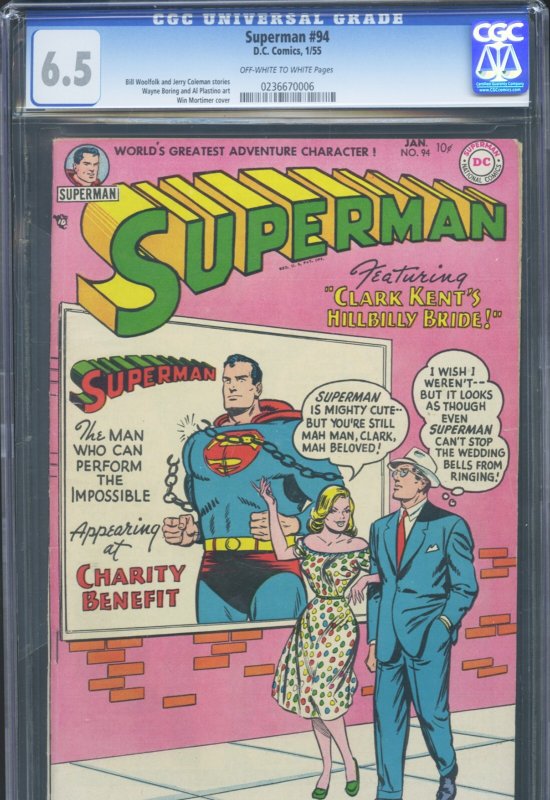 Superman #94 (DC Comics), CGC 6.5 graded comic book, Universal Blue label — front cover in its holder