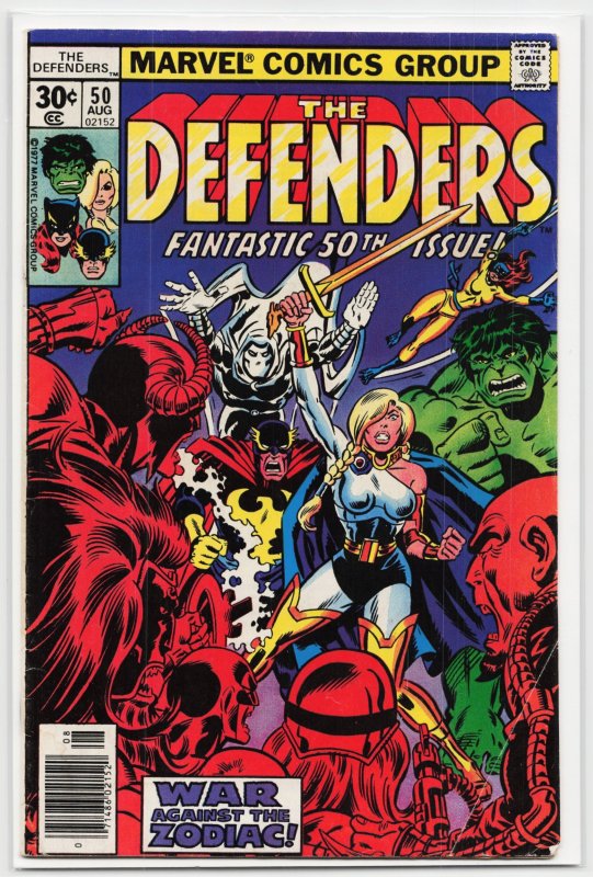 The Defenders #50 (Marvel Comics, 1977), raw, ungraded comic book — front cover