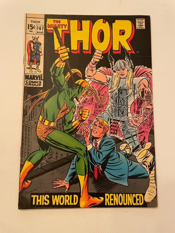 The Mighty Thor #167 (Marvel Comics), raw comic book in VF/NM condition — front cover