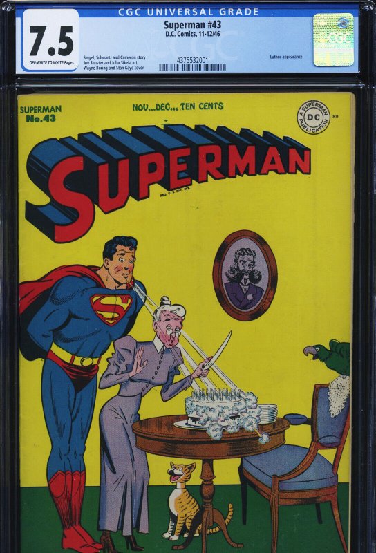Superman #43 (DC Comics), CGC 7.5 graded comic book, Universal Blue label — front cover in its holder