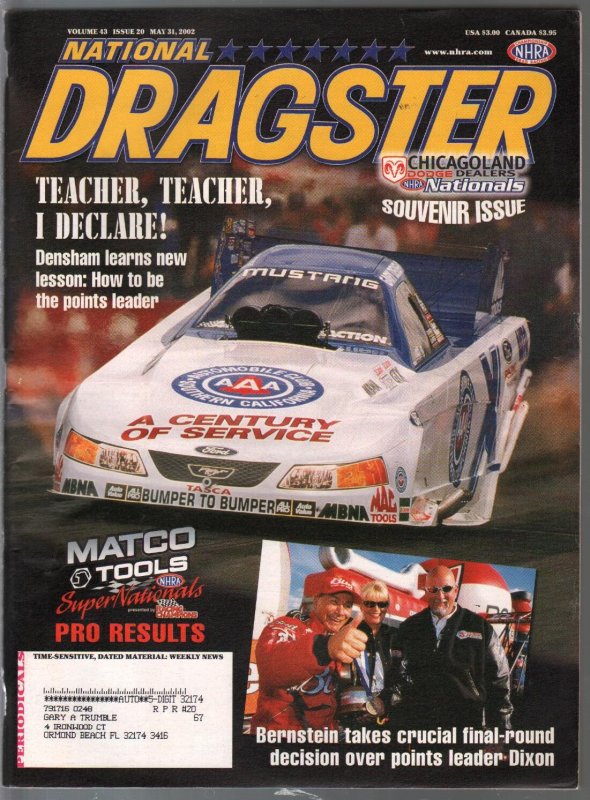National Dragster-NHRA 5/31/2002-Chicagoland Nationals-Kenny Bernstein-FN, raw comic book in FN condition — front cover