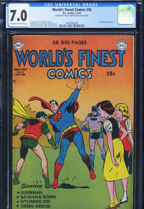 World's Finest Comics #56 - 7.0, OW-W - Batman - Superman - Golden Age (DC Comics, 1952), raw comic book in 7.0 condition — front cover