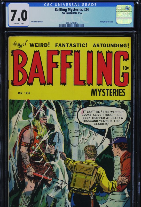 Baffling Mysteries #24, CGC 7.0 graded comic book, Universal Blue label — front cover in its holder