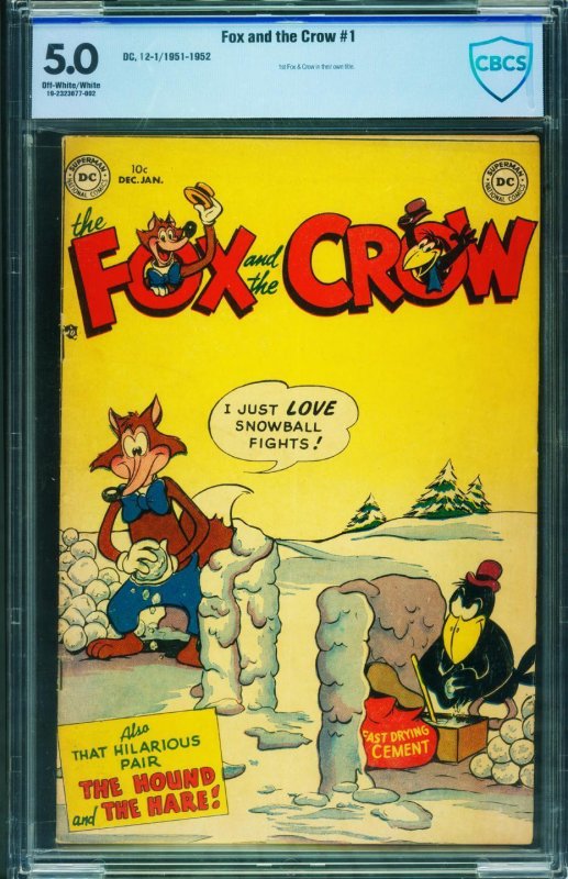 Fox and the Crow #1 (DC Comics, 1952), CBCS 5.0 graded comic book, Universal Blue label — front cover in its holder
