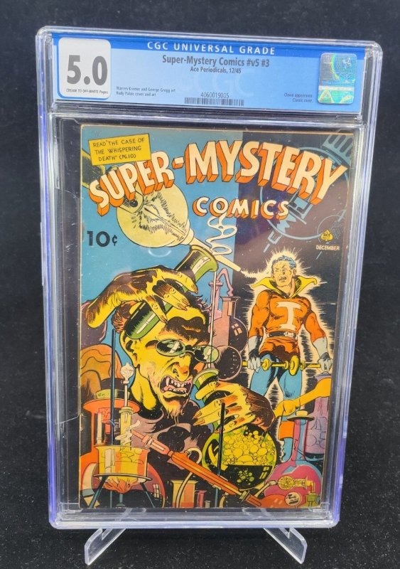 Super-Mystery Comics #3 (1945), CGC 5.0 graded comic book, Universal Blue label — front cover in its holder