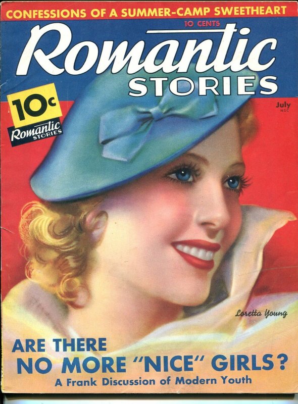 Romantic Stories 7/1936-Loretta Young Cover-spicy Pulp Fiction-FN+, raw comic book in FN+ condition — front cover