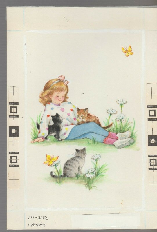 Birthday Cute Girl in Grass w/ Three Kittens 6x8.5" Greeting Card Art #B8494, raw comic book in 8.5 condition — front cover