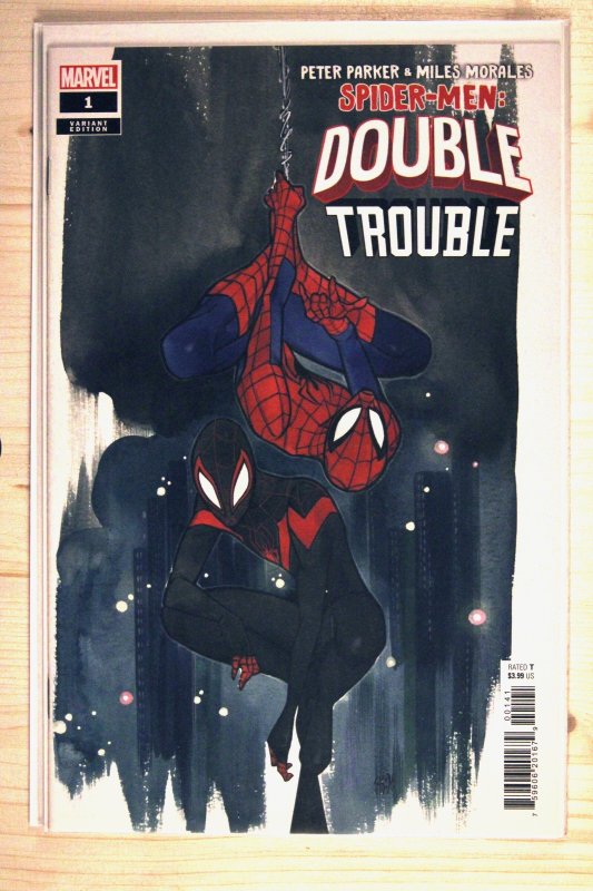 Peter Parker and Miles Morales Spider-Men Double Trouble #1 (Marvel Comics, 2023), raw comic book in 9.6 condition — front cover