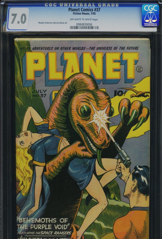 Planet Comics #37 (Fiction House), CGC 7.0 graded comic book, Universal Blue label — front cover in its holder