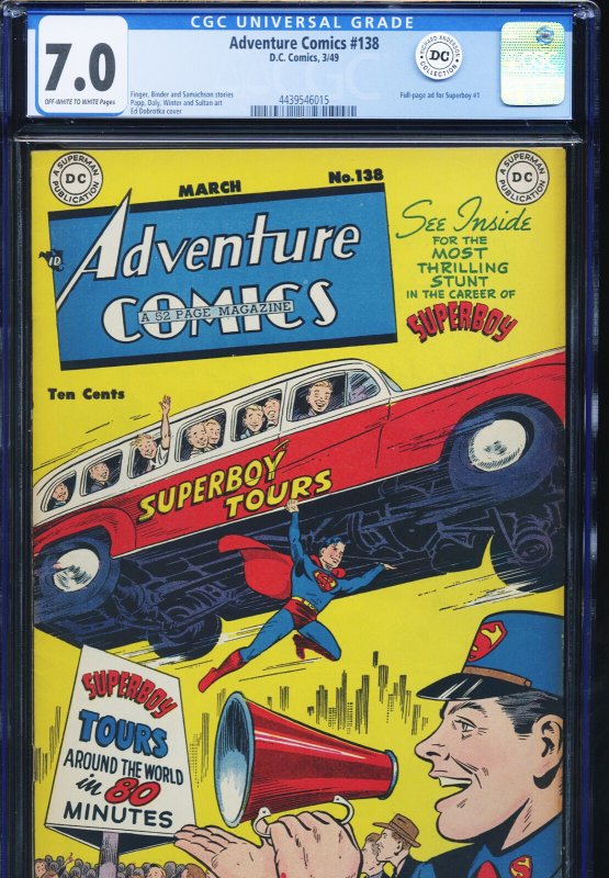 Adventure Comics #138 (DC Comics), CGC 7.0 graded comic book, Universal Blue label — front cover in its holder