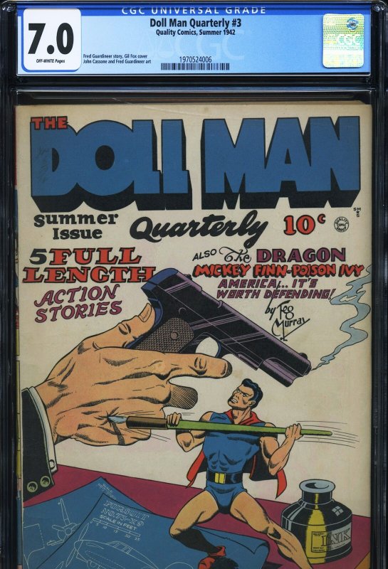 Doll Man Quarterly #3 (Quality Comics), CGC 7.0 graded comic book, Universal Blue label — front cover in its holder