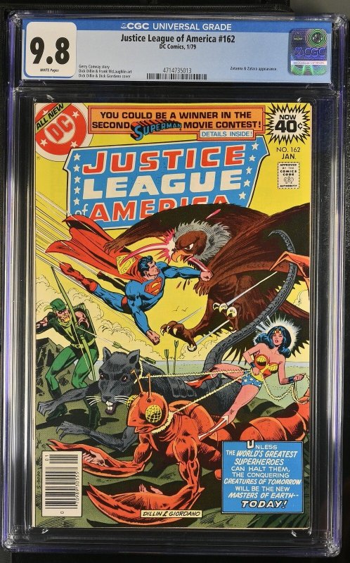 Justice League of America #162 (DC Comics, 1979), CGC 9.8 graded comic book, Universal Blue label — front cover in its holder