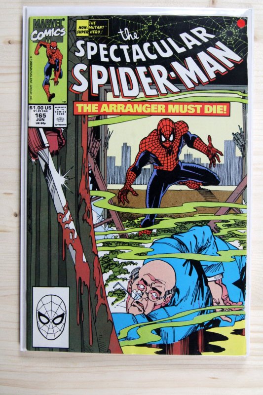 The Spectacular Spider-Man #165 (Marvel Comics, 1990), raw comic book in VF/NM 9.0 condition — front cover