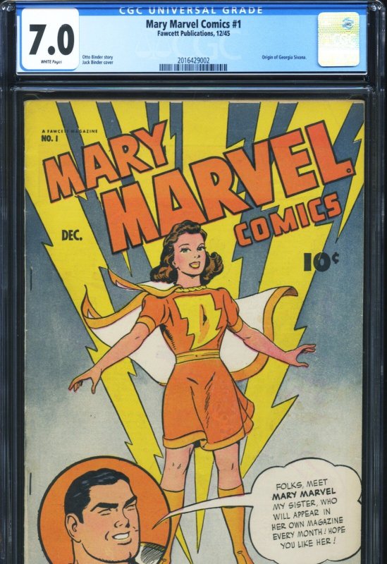 Mary Marvel Comics #1, CGC 7.0 graded comic book, Universal Blue label — front cover in its holder