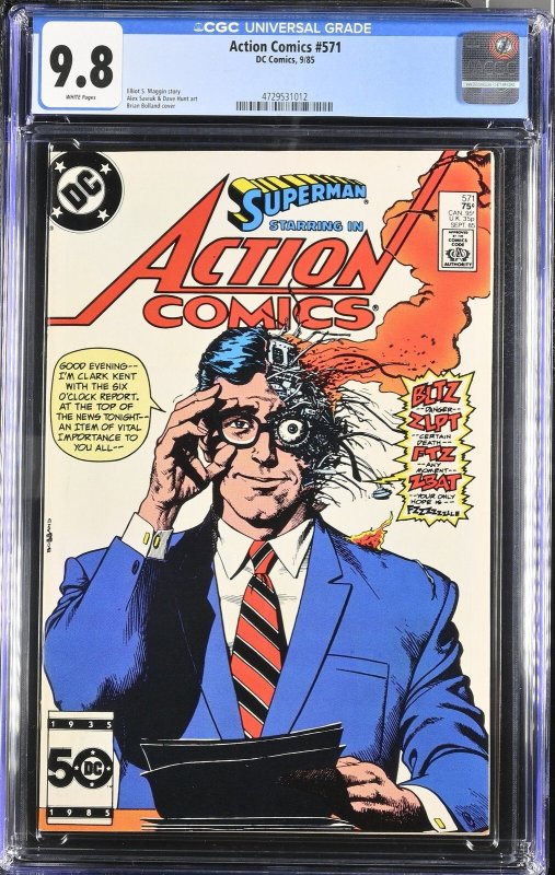 Action Comics #571 (DC Comics, 1985), CGC 9.8 graded comic book, Universal Blue label — front cover in its holder