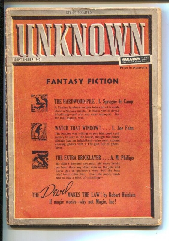 Pulp: Unknown 9/1940-Heinlein-L. Sprague de Camp and Others-Edd Carter-Austr..., raw, ungraded comic book — front cover