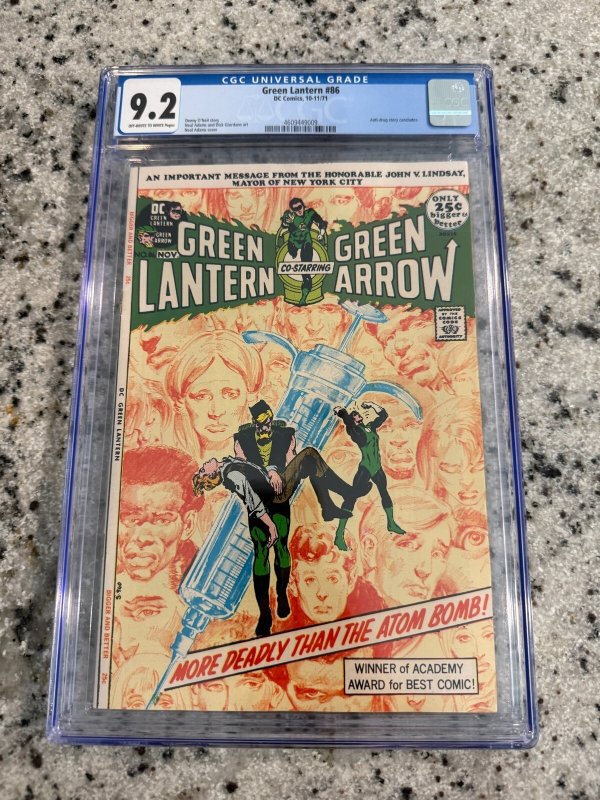 Green Lantern Green Arrow #86 (DC Comics), CGC 9.2 graded comic book, Universal Blue label — front cover in its holder
