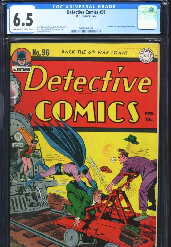 Detective Comics #96 (DC Comics), CGC 6.5 graded comic book, Universal Blue label — front cover in its holder