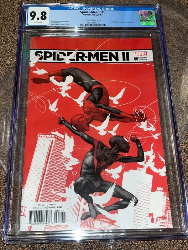 Spider-Men II (2017), 1:50 Tedesco Variant Cover, CGC Graded 9.8 (2017), CGC 9.8 graded comic book, Universal Blue label — front cover in its holder