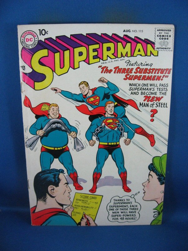 Superman #115 (DC Comics, 1957), raw comic book in VG+ condition — front cover