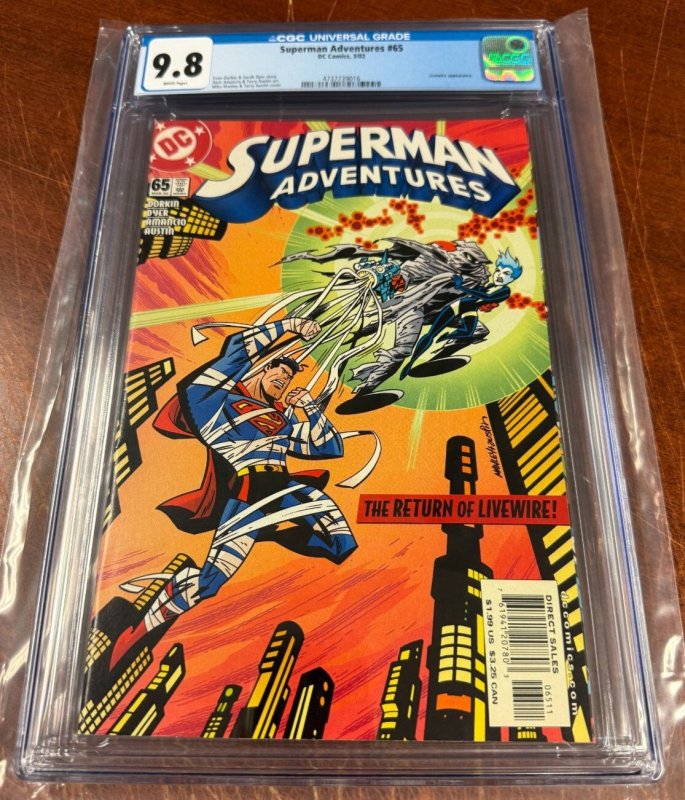 The Superman Adventures #65 (DC Comics, 2002), CGC 9.8 graded comic book, Universal Blue label — front cover in its holder